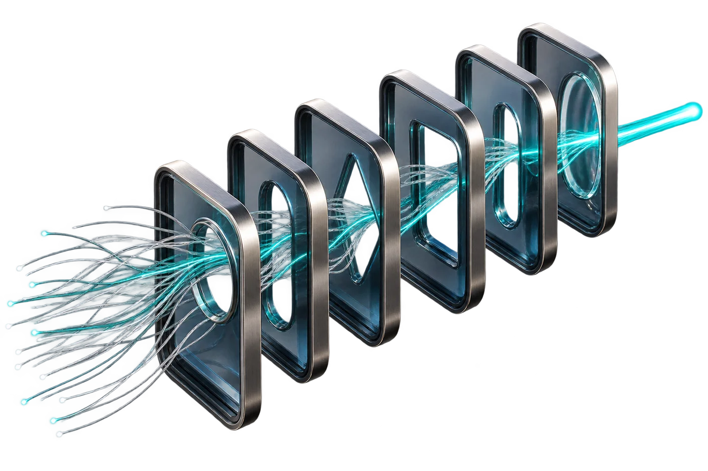 Many possible paths pass through six precision evaluation layers and converge into one cyan route.