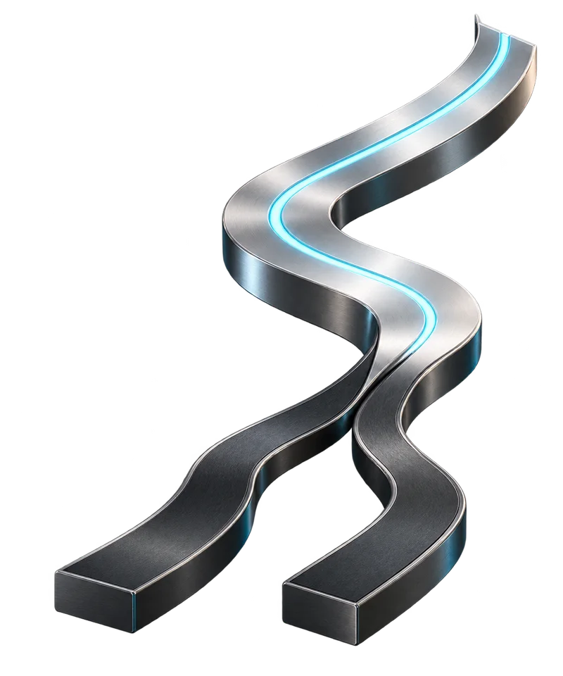 Two machined paths converge into one rising silver route with a cyan centerline.